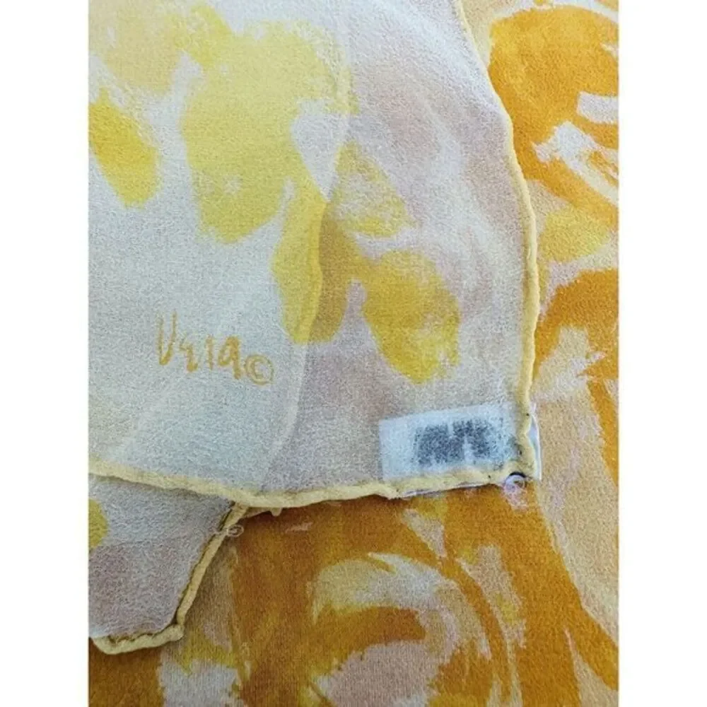 Vintage Vera Neumann 100% Silk Hand Rolled Scarf Japan Yellow Brown Floral 30x30